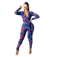 african clothing long sleeved jumpsuit fashion sexy rompers african womens autumn net gauze zipper printing tight trousers 2022
