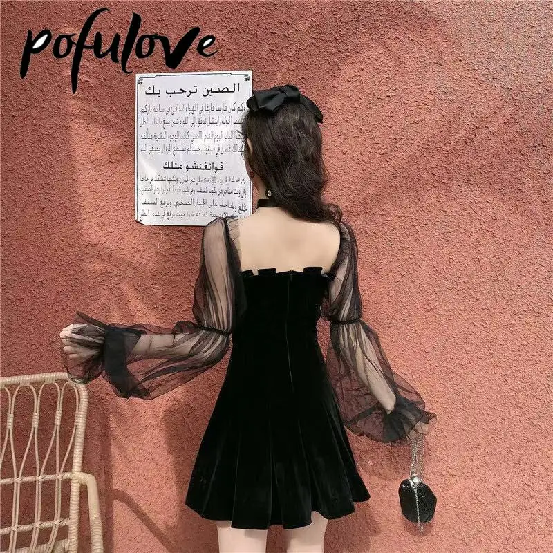 Женское плиссированное платье Y2k черная мини-юбка с длинным рукавом и открытыми