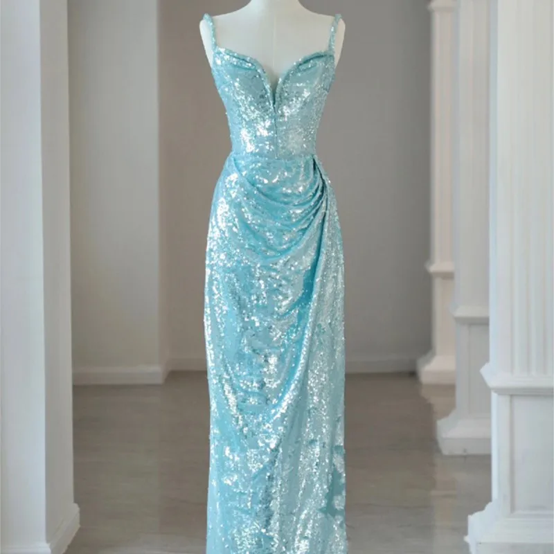 Новинка роскошное синее платье на одно плечо с блестками