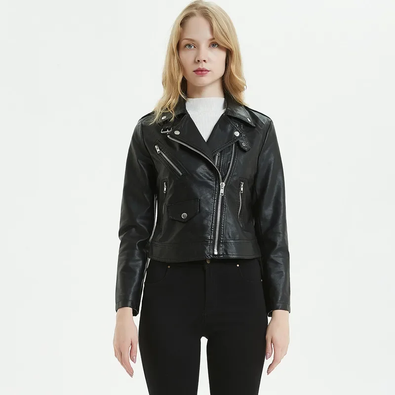 

Ladies Black Faux Leather Women Lapel PU Motorcycle Jacket Girls Short Moto Biker Jacket Streetwear Long Sleeve Slim Female Coat