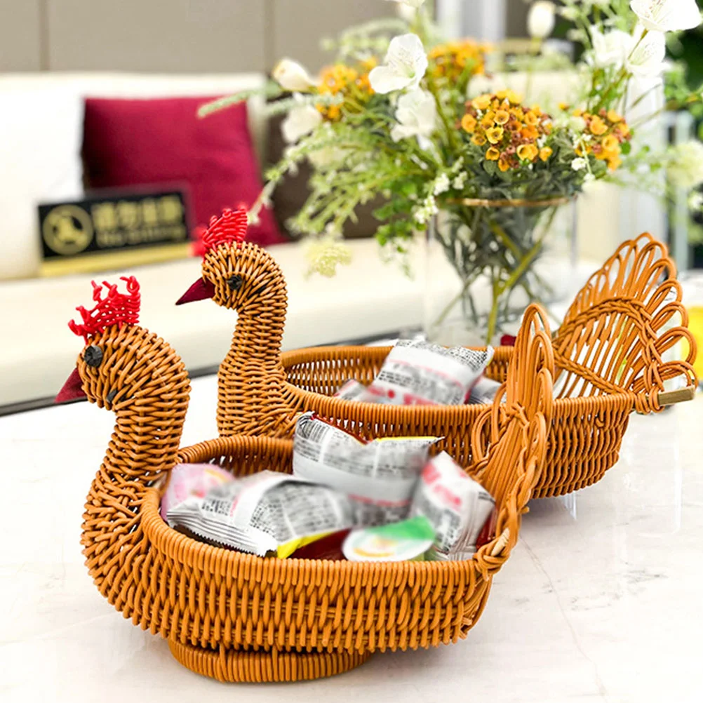 

Imitation Rattan Storage Basket Woven Household Snacks Tabletop Bread Flat Peafowl Shape Fruit Container Party Pp Daily Dessert