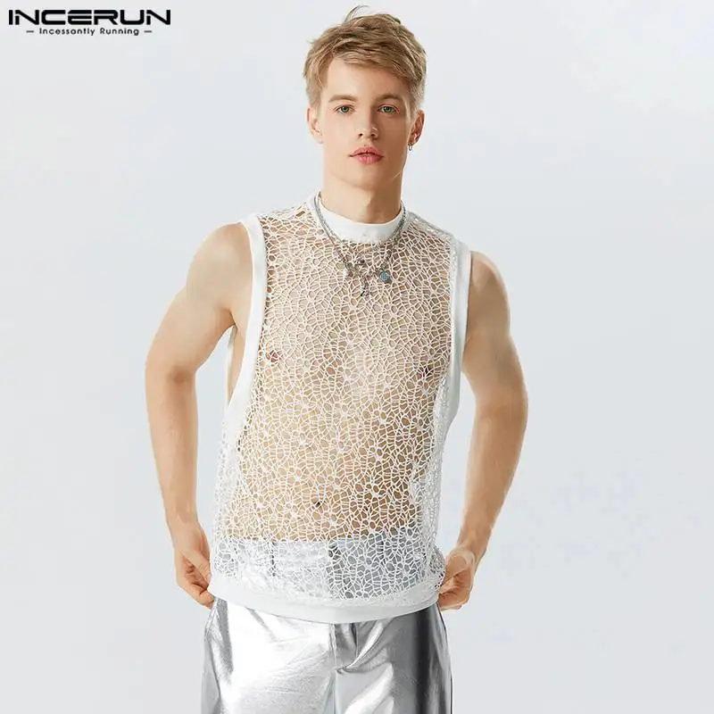 

Casual Stylish Style Tops INCERUN New Men's Sexy See-through Mesh Vests Male Splicing Solid Sleeveless Thin Waistcoat S-5XL 2023