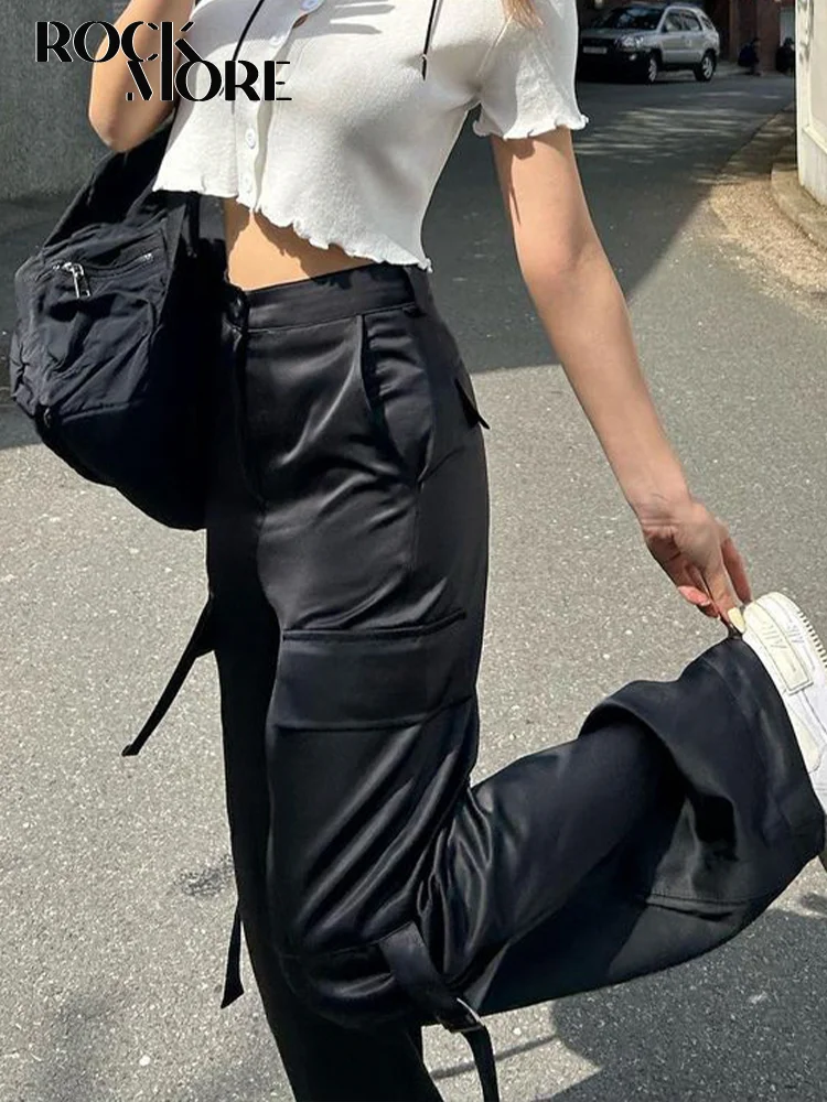 

Женские атласные брюки-карго Rockmore, Черные Мешковатые брюки-карго, уличная одежда в стиле хип-хоп, спортивные штаны с лентами, Y2K Harajuku, Брюки с карманами, корейский стиль