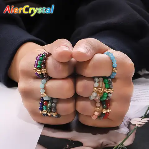 Винтажное простое эластичное регулируемое кольцо на палец с бусинами из натурального кристалла для женщин и девушек разноцветное модное с...