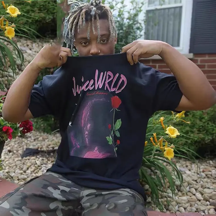 

Juice Wrld Lucid Dreams Rose Flower Vintage Graphic Print Tshirt Awesome Men's Playboi Carti T-shirt Men Hip Hop Oversized Tees