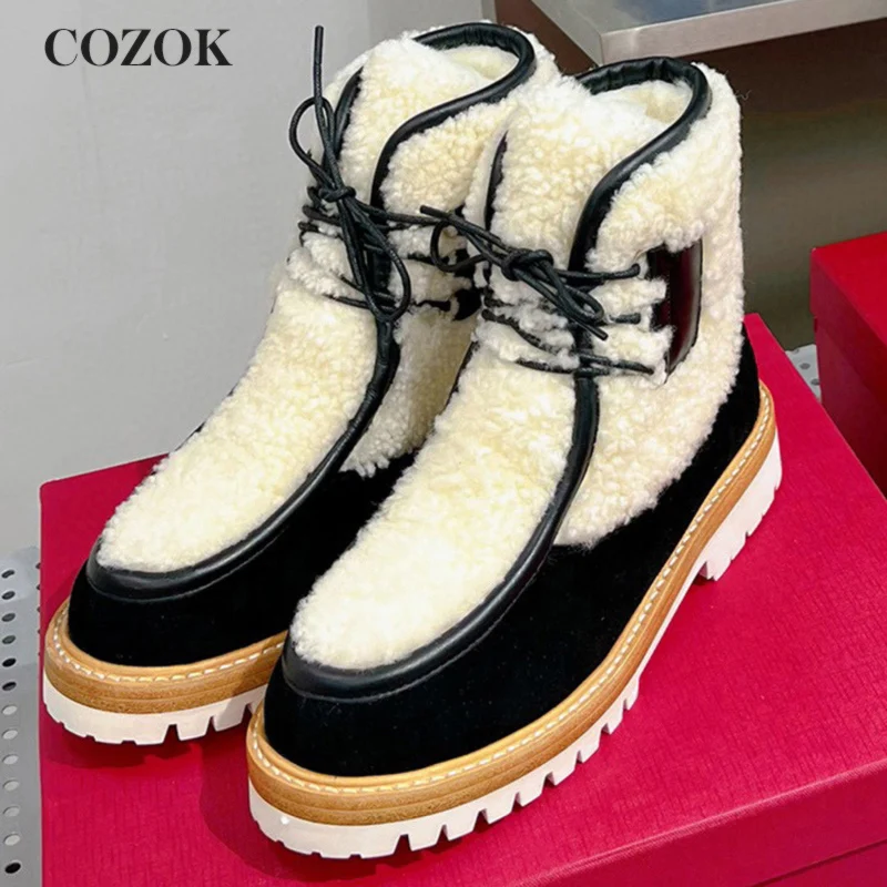 

Fashion Comfortable Women's Mao Mao Snow Boots Cattle Suede Wool Splicing Vamp Mixed Colors Lace-Up Ankle Boots Autumn Winter