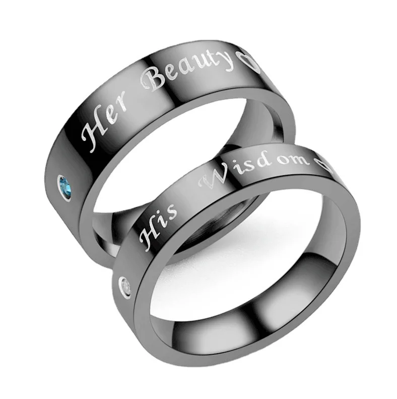

European and American Minority Her Beauty His Wisdom Zircon Titanium Steel Ring Inlaid with Diamond Lovers Ring Jewelry