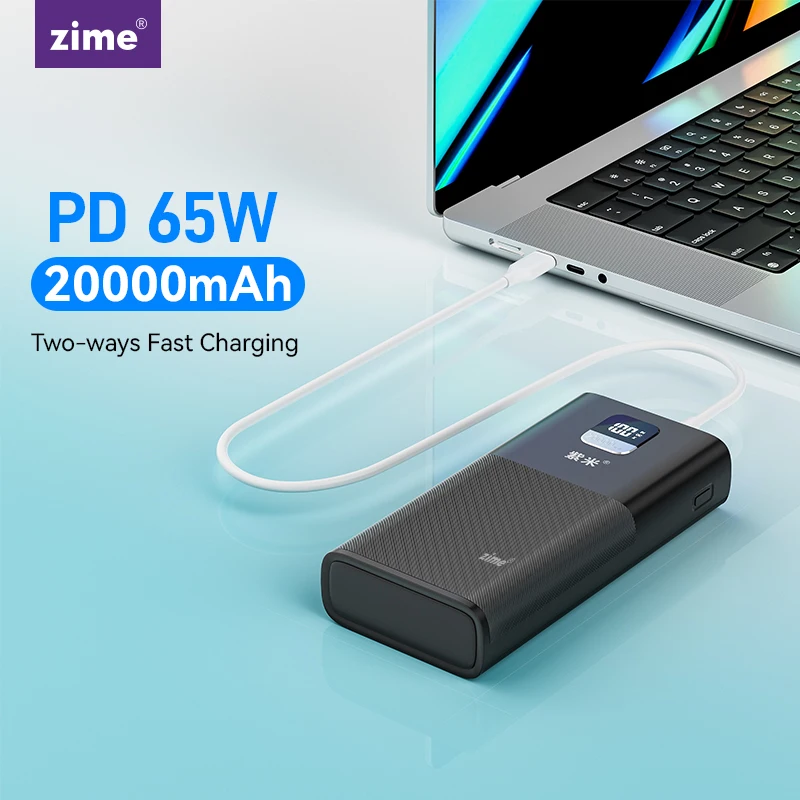 Zime PD 65W Type C Fast Charging Power Bank 20000mAh External Spare Battery Portable Charger PowerBank for Mobilephones Laptops