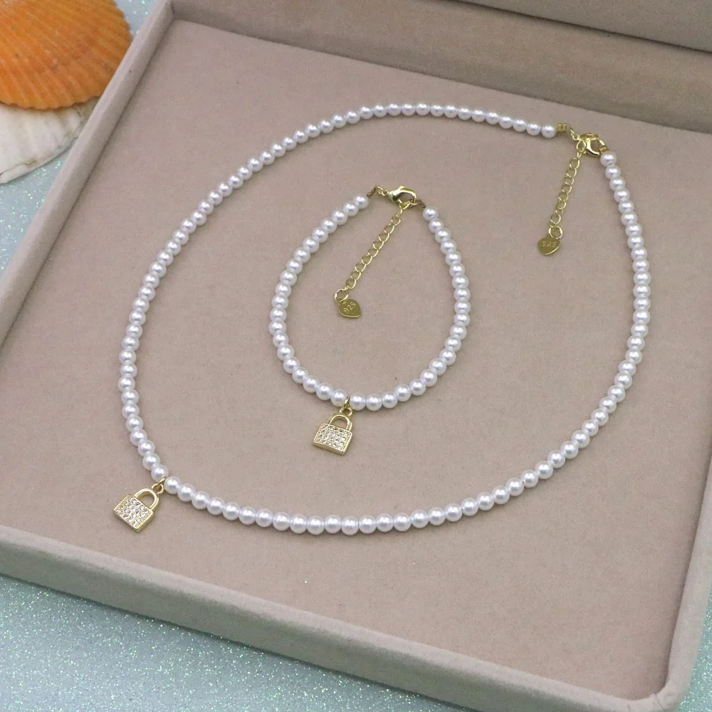 Ожерелье с круглым жемчугом 4 мм Комплект браслетов подвеской для женщин и