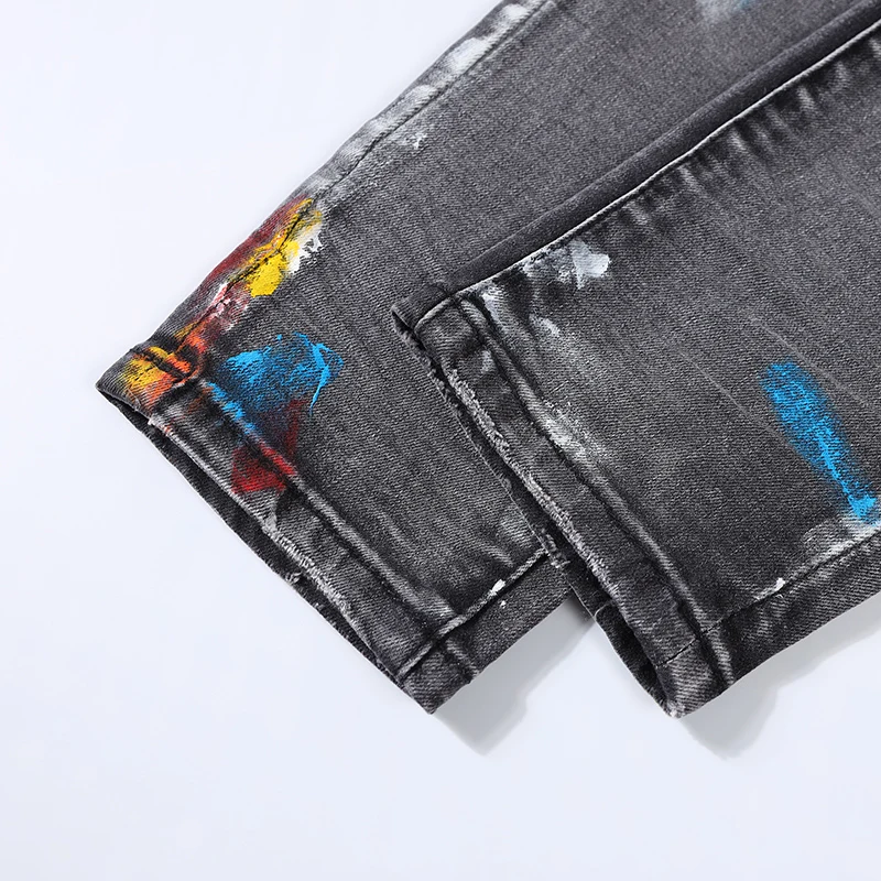 High Street Fashion Men Jeans Retro Gray Elastic Stretch Skinny Ripped Jeans Men Button Fly Painted Designer Hip Hop Brand Pants