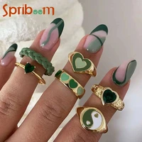 vintage heart rings set for women pink green creative beaded flower resin ring bohemian jewelry wedding aesthetic accessories