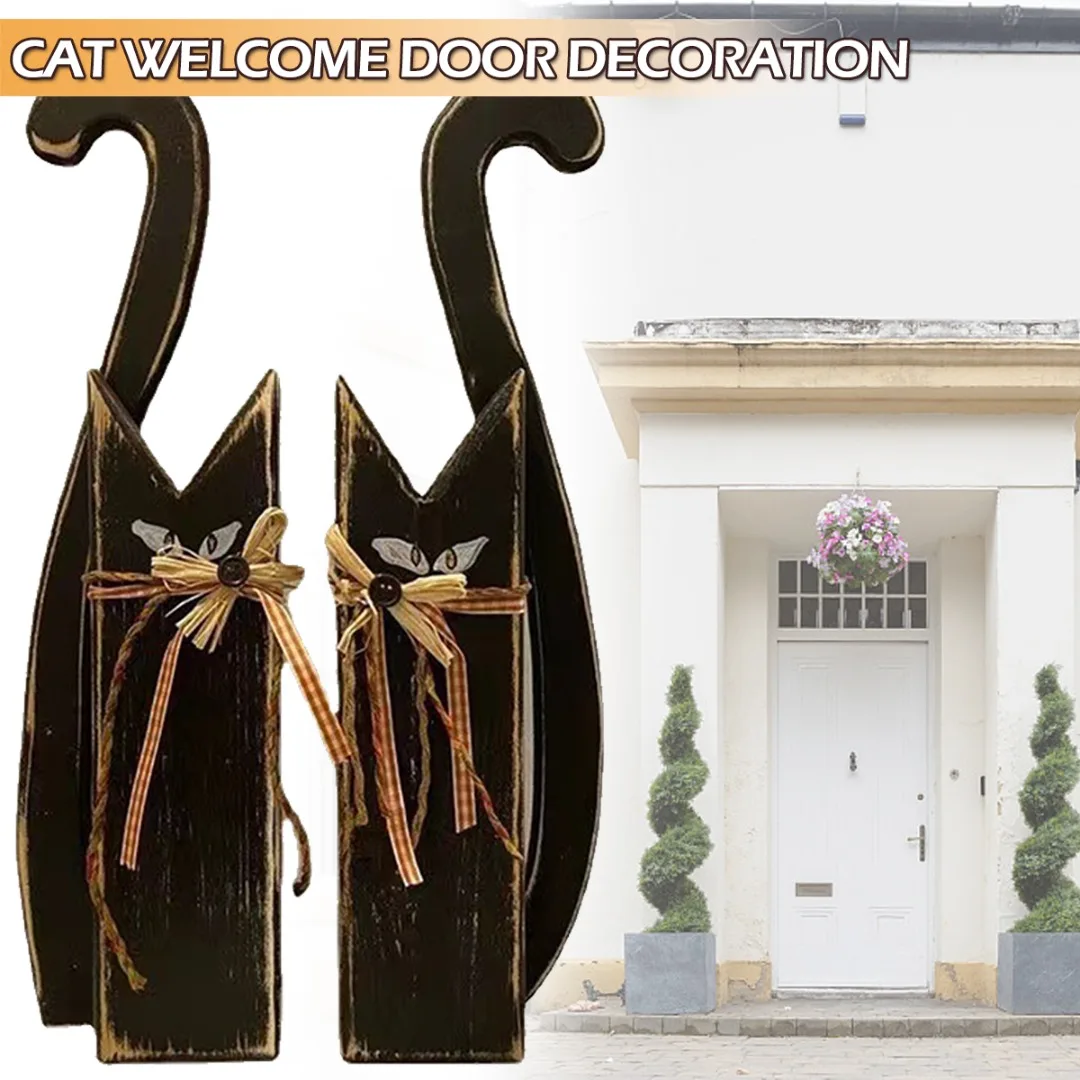

2PCS Halloween Cat Ornament Wood Welcome Sign Front Door Porch Indoor Decoration Home Festivals Parties Outdoor Lawn Decor Signs