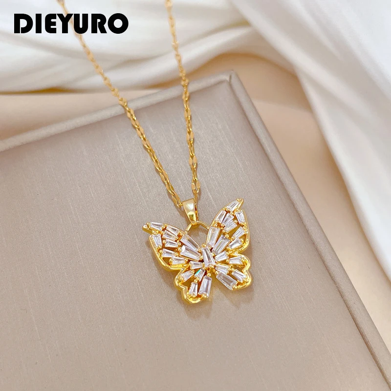 

DIEYURO 316L Stainless Steel Butterfly Cubic Zircon Pendant Necklace For Women Girl Fashion Clavicle Chain Choker Jewelry Gift