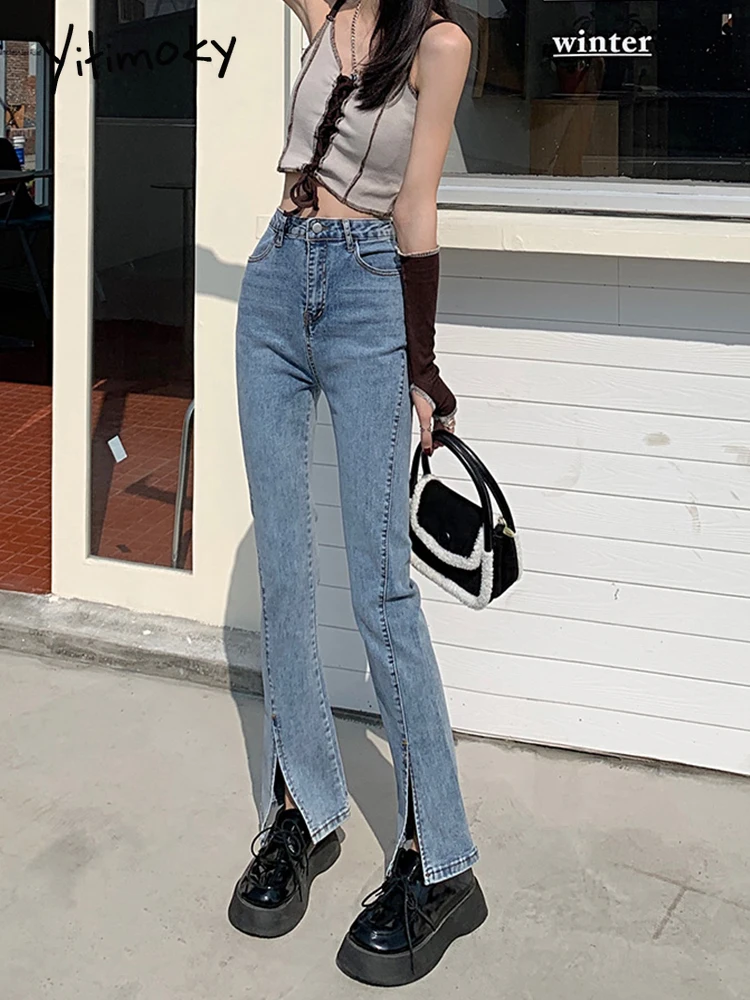 

Модные женские расклешенные джинсы Yitimoky с высокой талией, с разрезом, широкие брюки, длинные винтажные синие прямые узкие джинсы