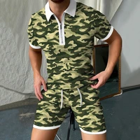 camouflage mens set fashion men sports suits running fitness set zipper polo shirt short sleeve causal shorts streetwear summer
