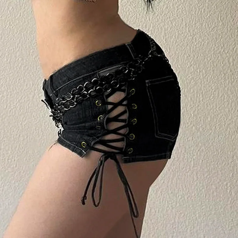 Goth Dark Bandage Side Y2k Denim Booty Shorts Gothic Sexy Low Waist Skinny Hot Bottoms Grunge Female Night Party Mini Short 2023