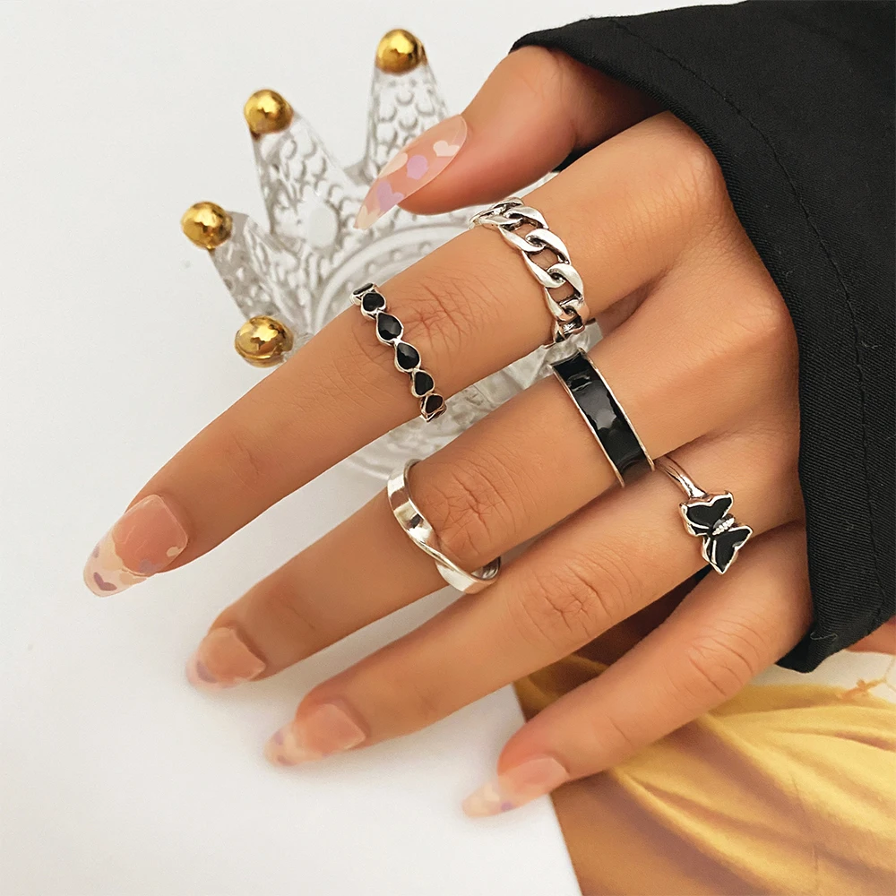 

IFME Punk Gothic Butterfly Snake Chain Ring Set for Women Black Dice Vintage Silver Plated Retro Charm Finger Jewelry