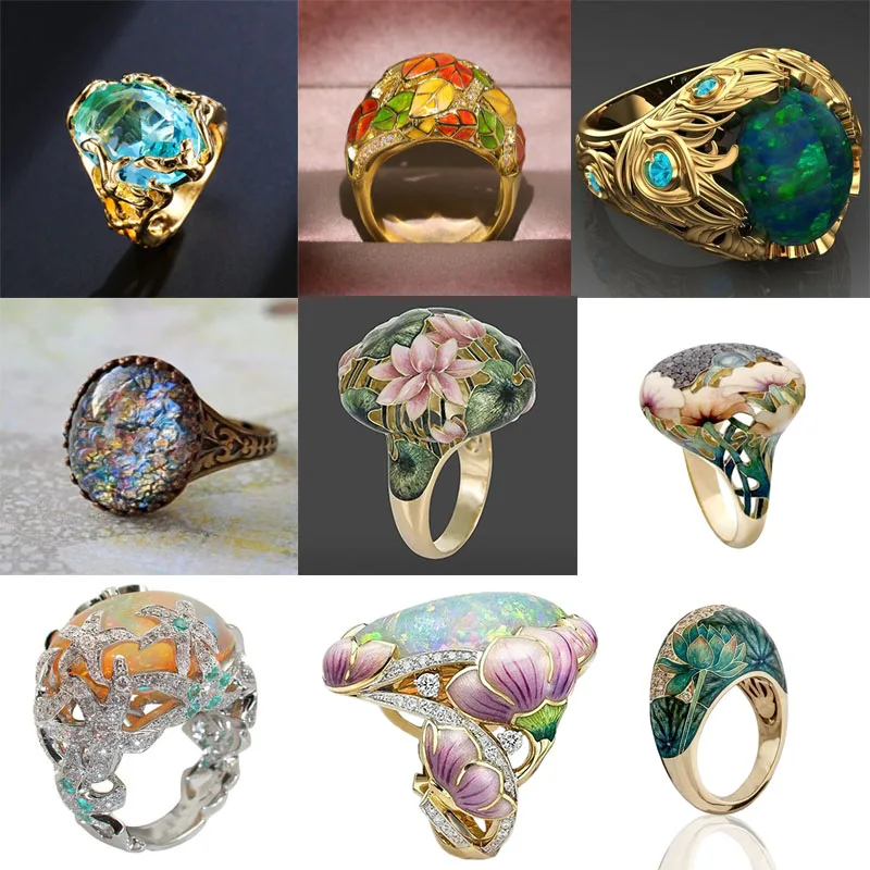 

2023 New Fashion Women Hot-selling Jewelry Golden Retro Style Hand-painted Oil Female Ring Jewelry