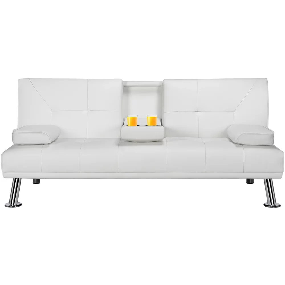 

LuxuryGoods Modern Faux Leather Futon with Cupholders and Pillows, White sofa cama