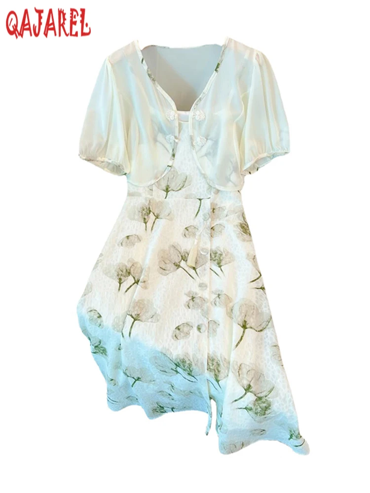 

Women Solid Short Blouses+Floral Sling Long Dress Two Piece Sets 2023 Summer Chiffon Elegant Casual Beach Style Two Piece Suits