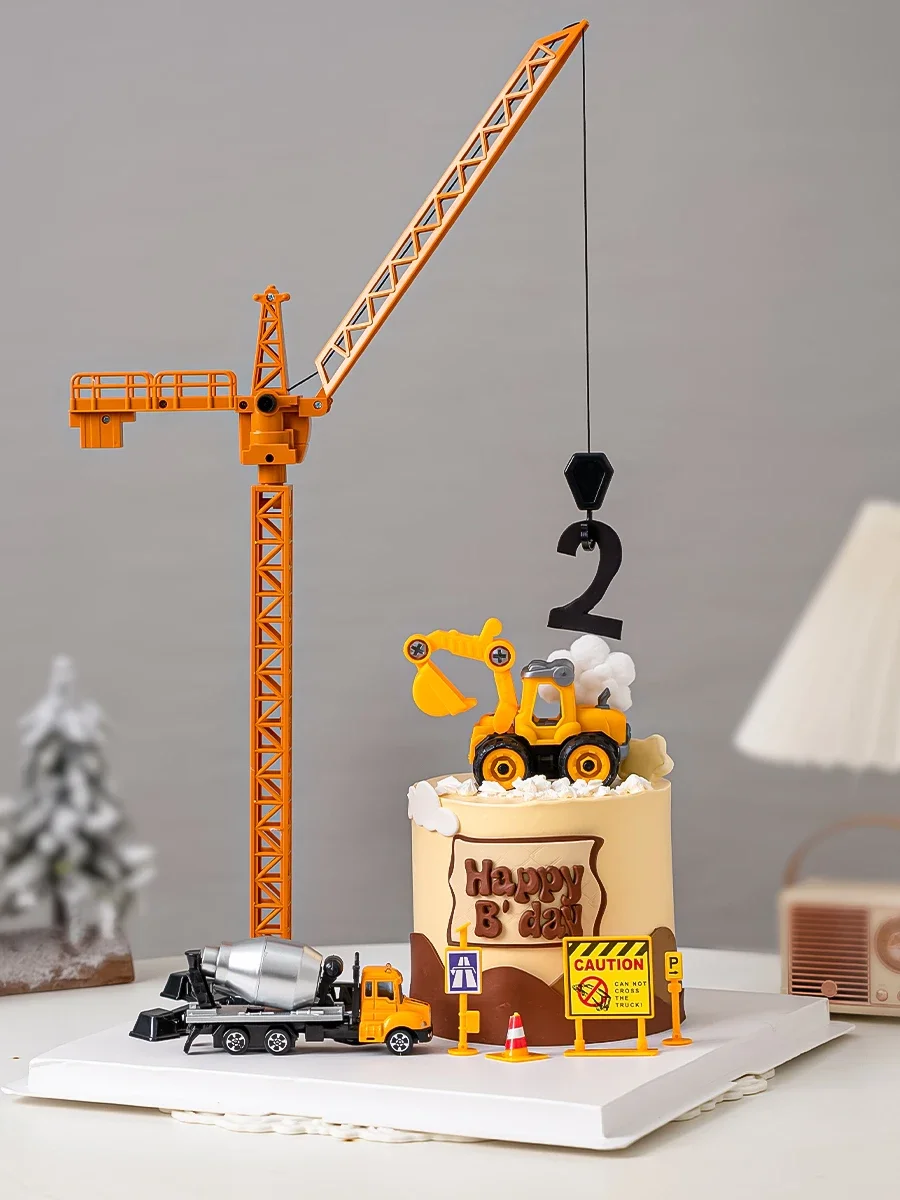 

Net Red Crane Crane Cake Topper Ornaments Excavator Bulldozer Engineering Car Children's Birthday Plug-in