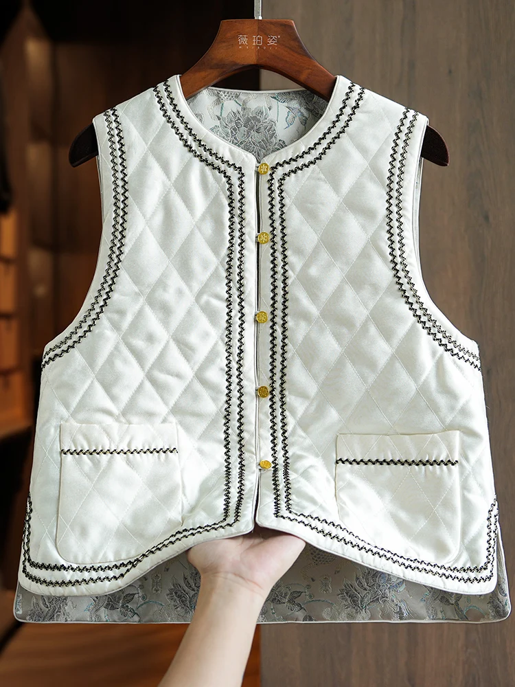 Double-sided Wear Silk Brocade Jacquard New Chinese Sle Vest Cotton-Padded Coat for Women Winter Light National Fashion...