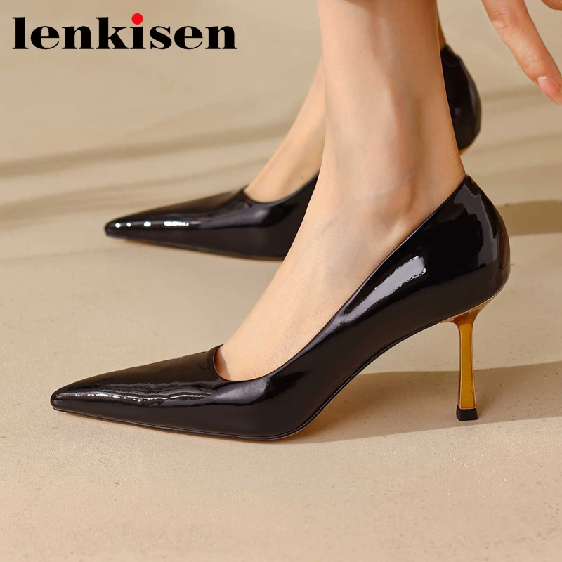 

Lenkisen cow patent leather pointed toe stiletto high heels European style office lady mature elegant shallow women pumps L83