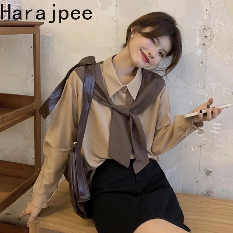 

Harajpee Shawl Shirt French Style Solid Elegant Long Sleeve Korean Chic Spring Autumn New Women Blouse Single Breasted Tops