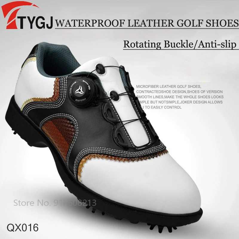 TTYGJ Men's Waterproof Golf Sneakers Male Leather Professional Golf Shoes Anti-slip Sports Shoes Knob Buckle Training Footwear