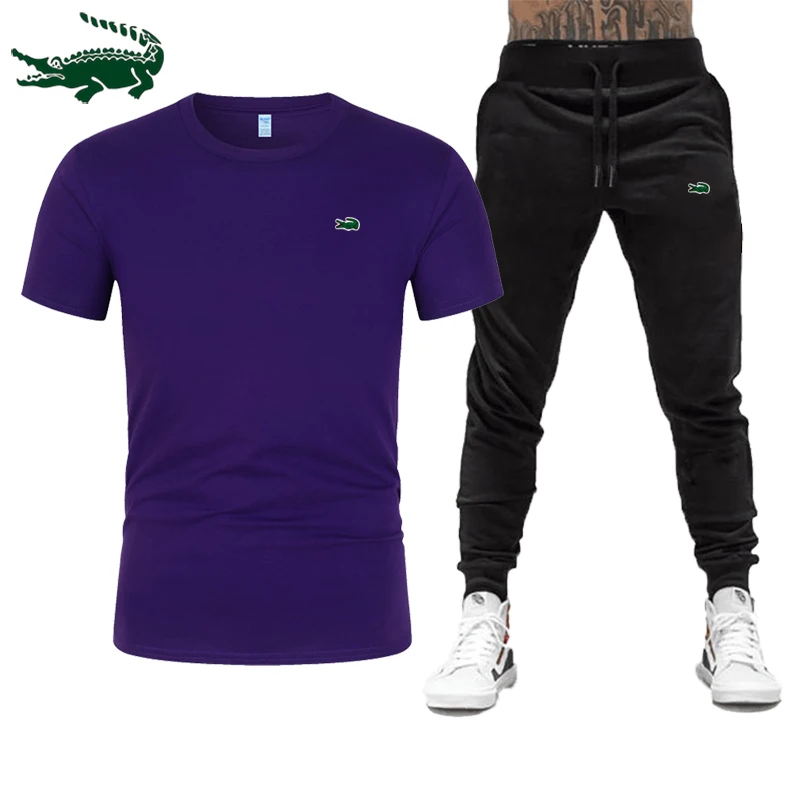 Hoge-Kwaliteit Lente En Zomer Nieuwe Mannen Casual Sport Katoen Ronde Hals Korte Mouwen T-shirt + casual Sport Broek Set S-3X