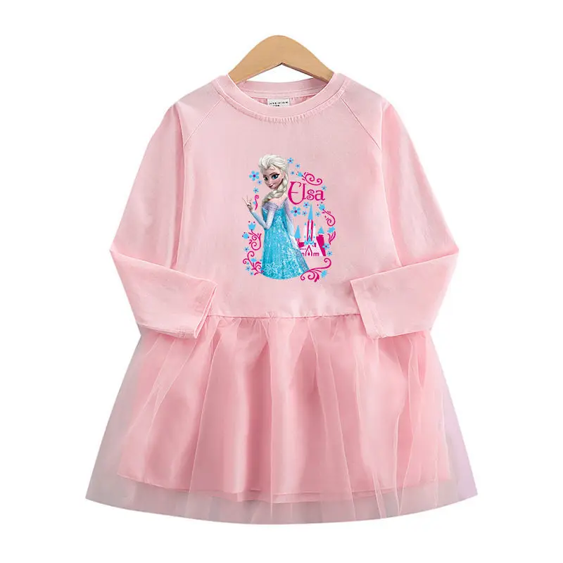

Girls Frozen Princess Dress Little Girl Toddler Elsakatoon Print Crewneck Long Sleeve Net Dress Fall Children's Party Dresses