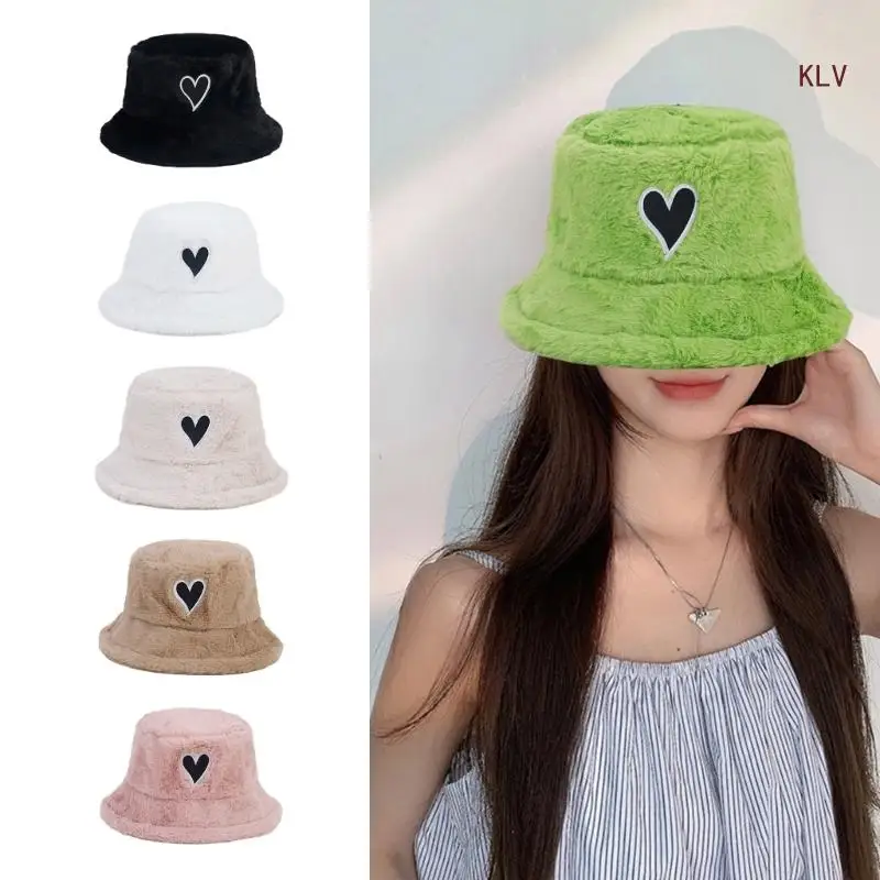 

Winter Keep Warm Plush Bucket Hat Ladies Windproof Commute Camping Fisherman Cap with Heart Patchwork Hat for Girlfriend