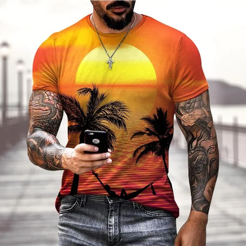 

Summer Sunset Beach Men's T Shirt 3d Print Palm Tree Hawaii Short Sleeve Tops Tee Women Streetwear Vacation Fashion Kids T-Shirt