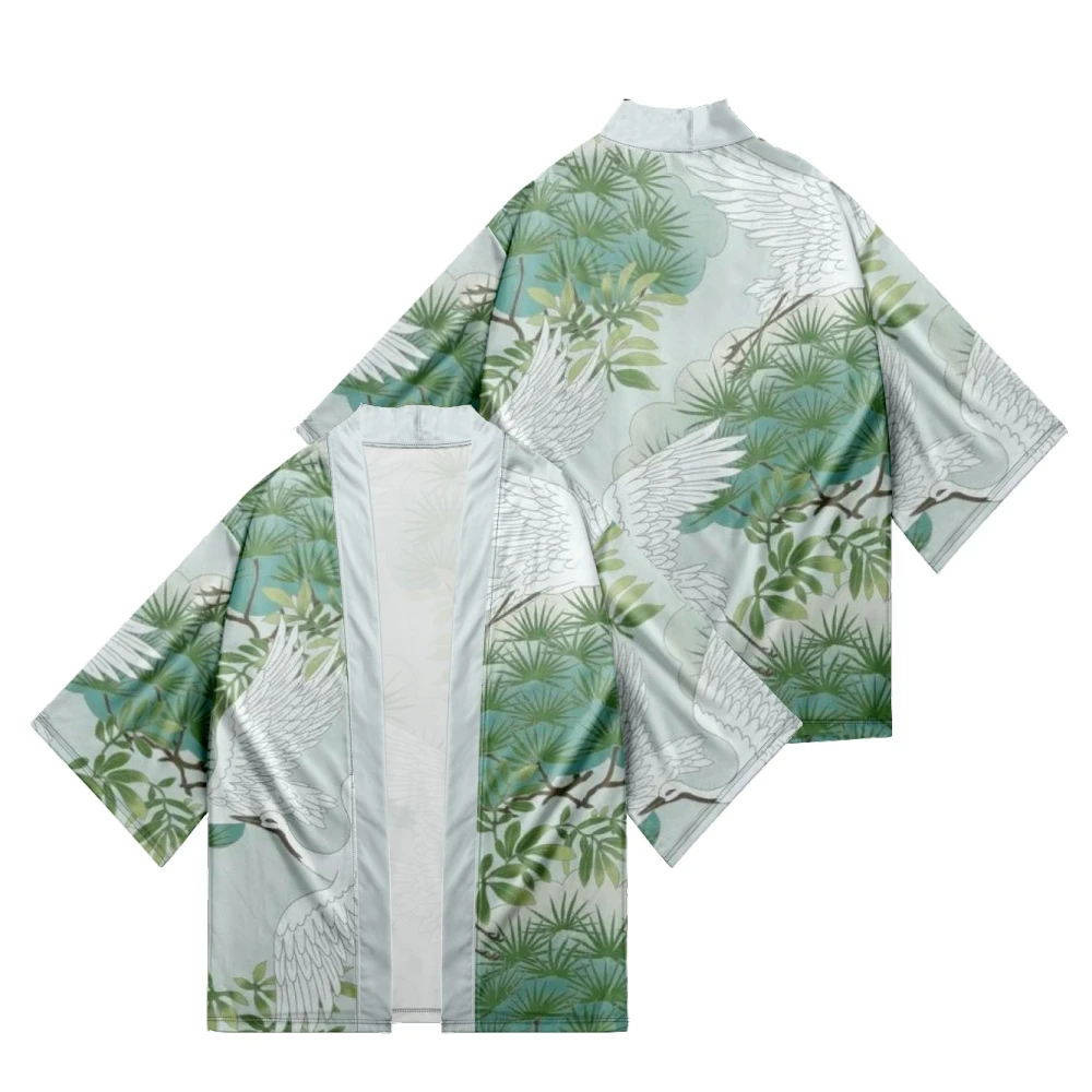 

Crane print loose street Japan casual fashion Harajuku Beach style summer men and women's kimono green