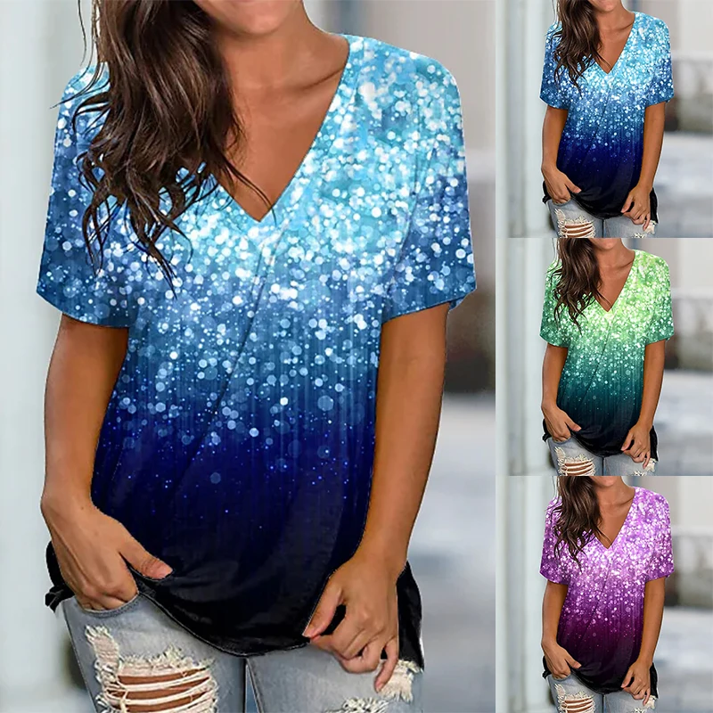 

2022 New Summer Women's Abstract Theme Painting T Shirt Abstract Print V Neck Basic Tops Shinely Fational Pullover Plus Size