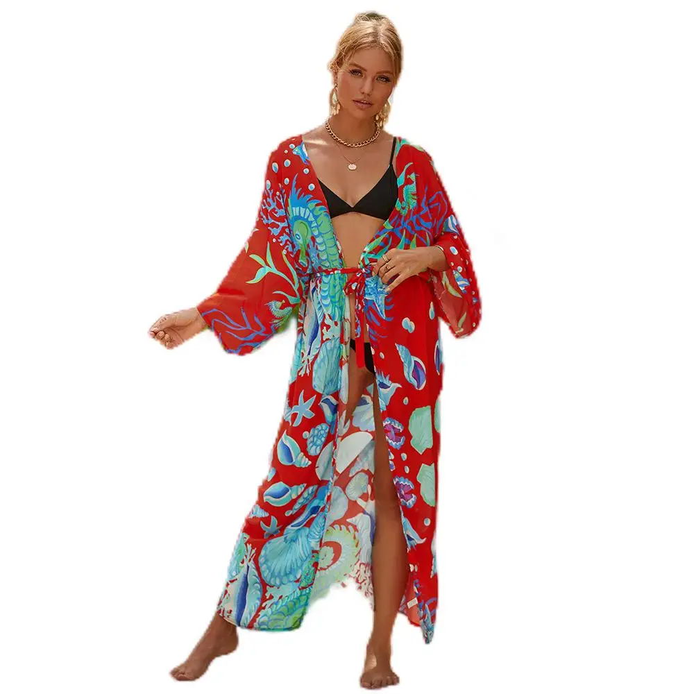 

Накидки для купальников с принтом для женщин, новинка 2023, свободная длинная одежда для отпуска, женское кимоно с защитой от солнца, шаль PZ8612