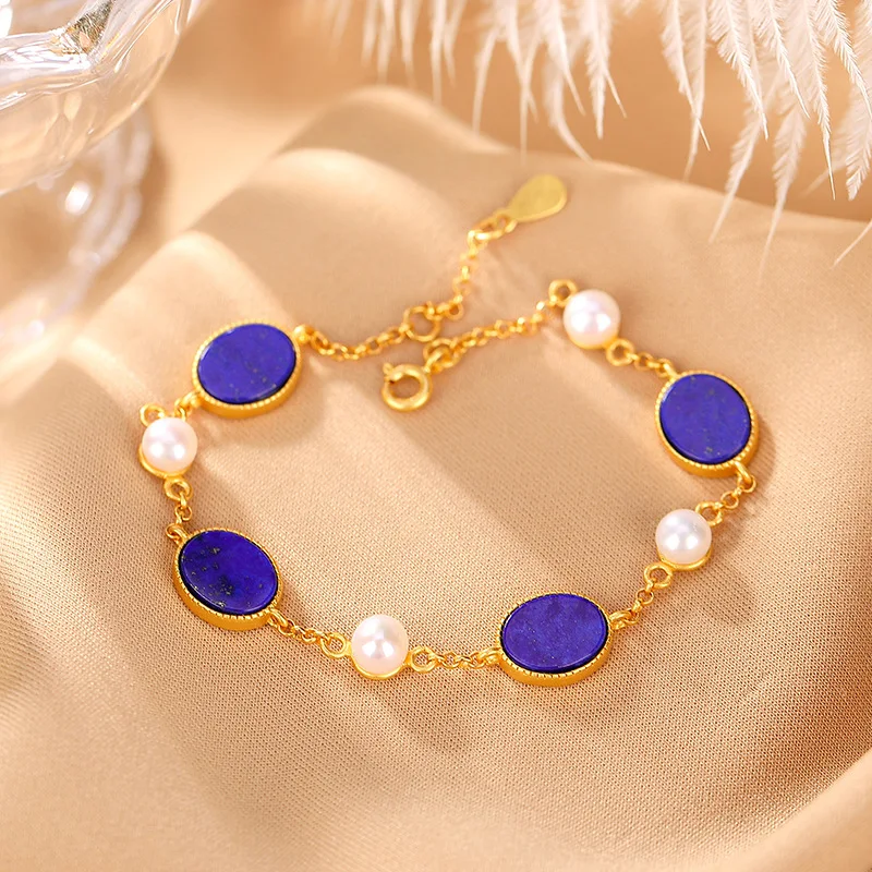 

Blue oval bracelet for women Simple retro gold inlaid pearl lapis lazuli bangles Fashionable and high-end charm jewelry