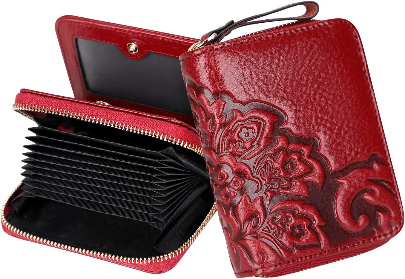 

Genuine Leather Womens Short Wallet Vintage Floral Artisan Design Luxury Cowhide RFID Card Holder Zipper Pocket Coin Money Purse
