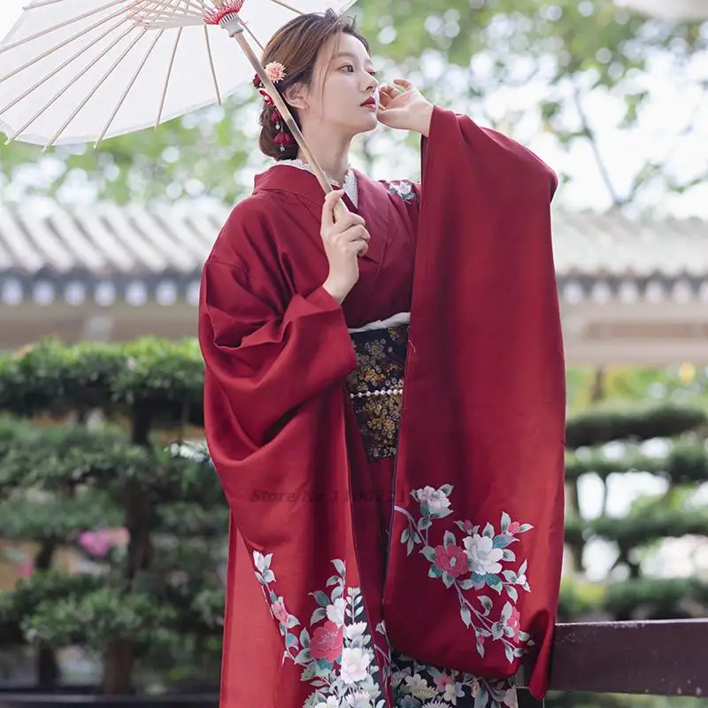 2023 woman girl kinomo traditional japanese clothes long robe yukata cosplay loose style vintage japan flower print kimono dress
