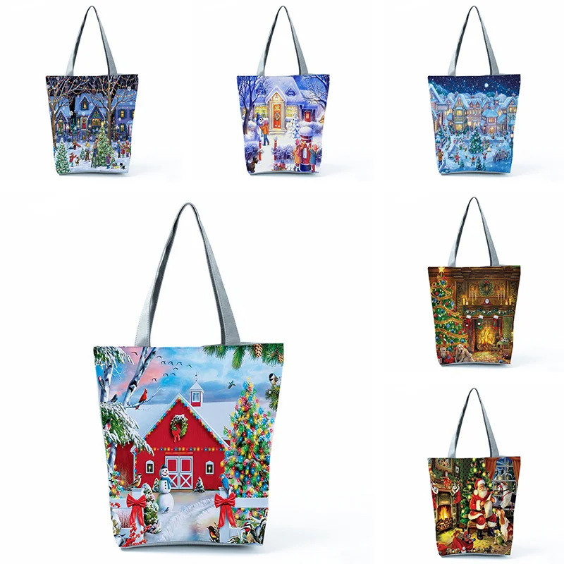 

Christmas Shoulder Bags Santa Claus Snow Scene Print Eco Reusable Shopping Bags Ladies Fashion Handbag Tote Bags for Girl Gift