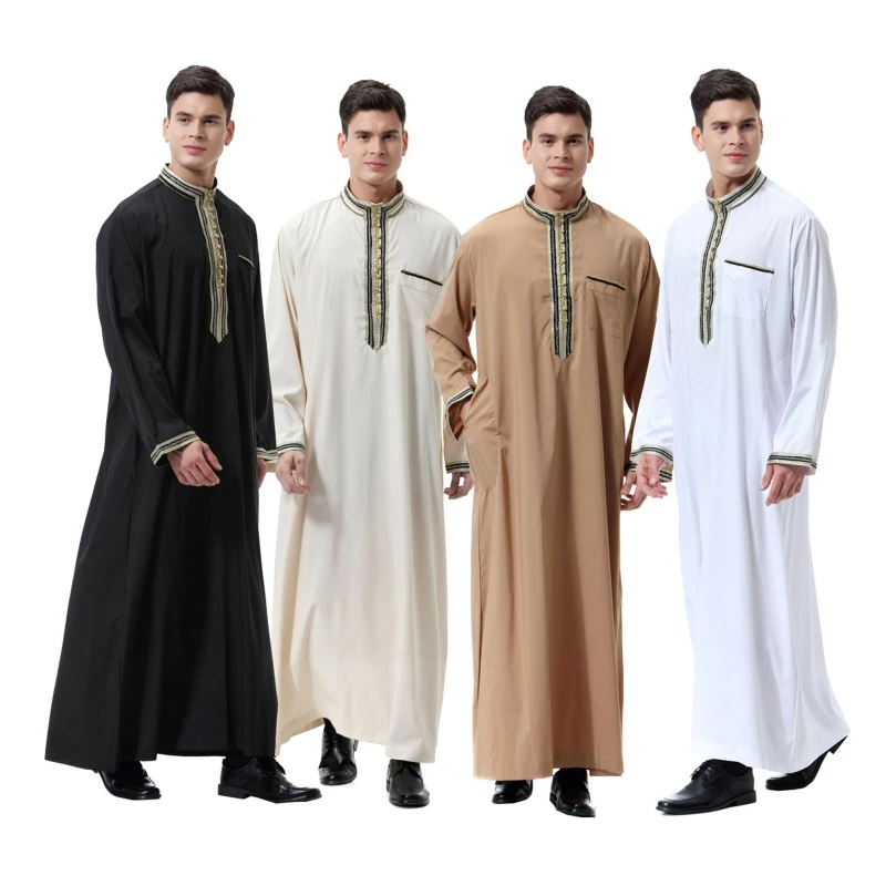 Vintage Simple Muslim Dress Caftan Robe Long Sleeve Stand Collar Jubba Thobe Man Leisure Dress Thobe Islamic Clothing