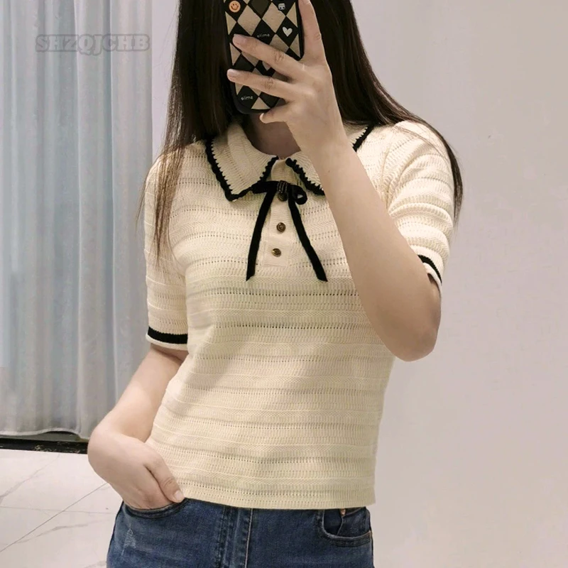 

2022 Summer Fashion New Lapel Bow Short Sleeve Beige Slim Fit Sweater Women Knitted Shirt Women's Top