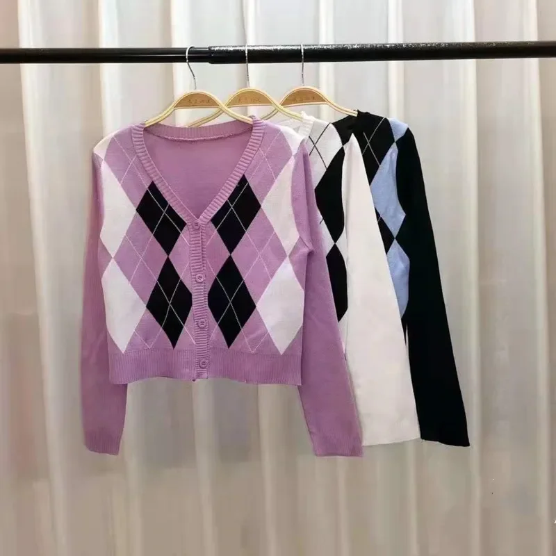 Черный Argyle женский кардиган свитер модный вязаный клетчатый на пуговицах с