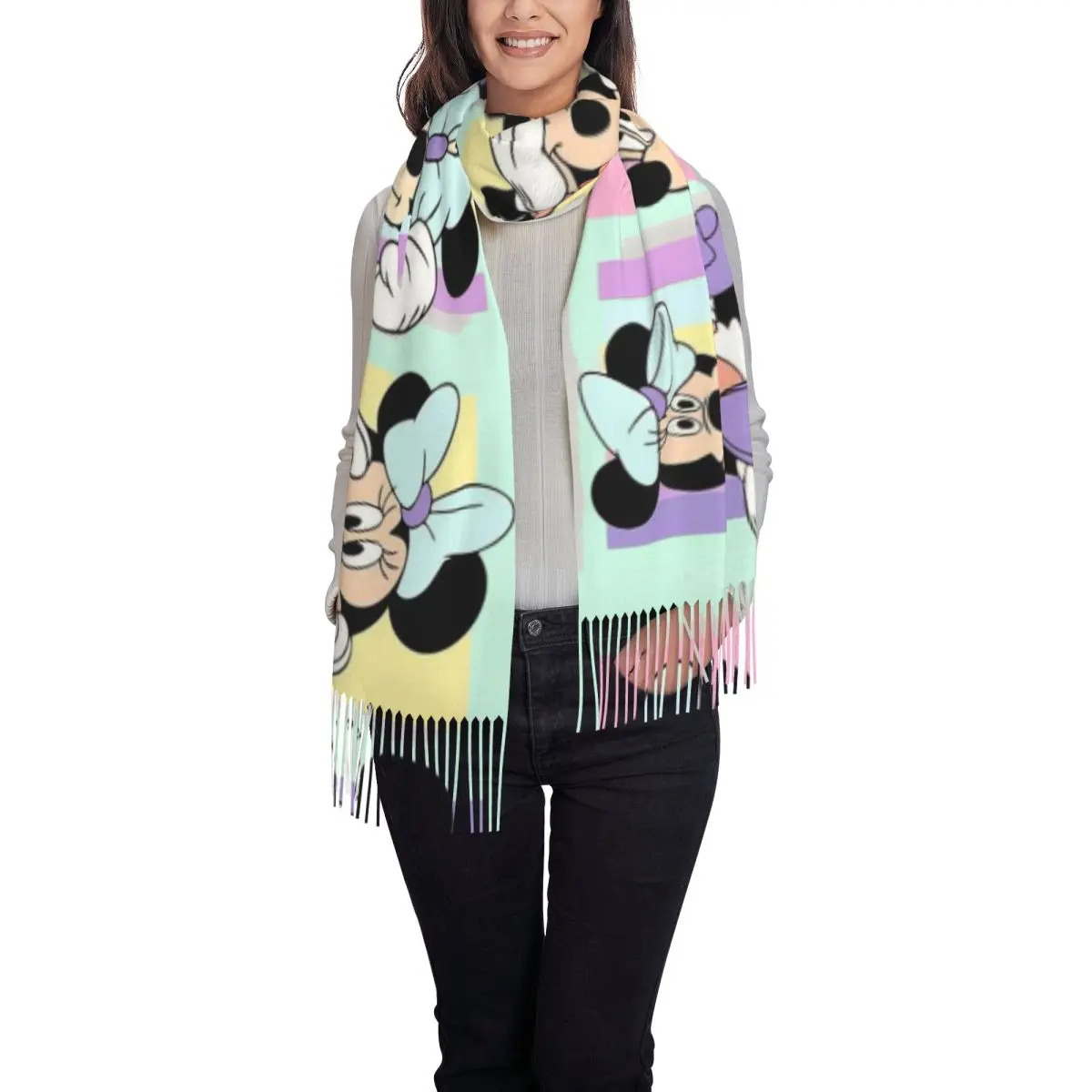 Custom Cute Minnie Mouse Anime Scarf Wrap for Women Long Winter Warm Tassel Shawl Unisex Scarves