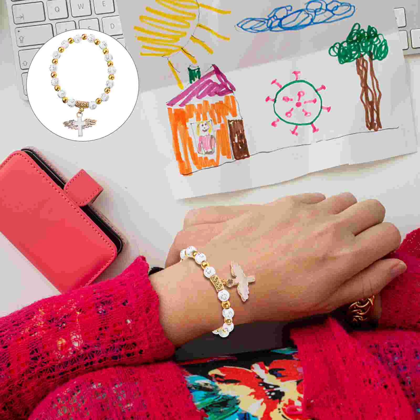 

12pcs Children Baptism Bracelets Rosary Beads Crucifix Cross Hand Chains (White)