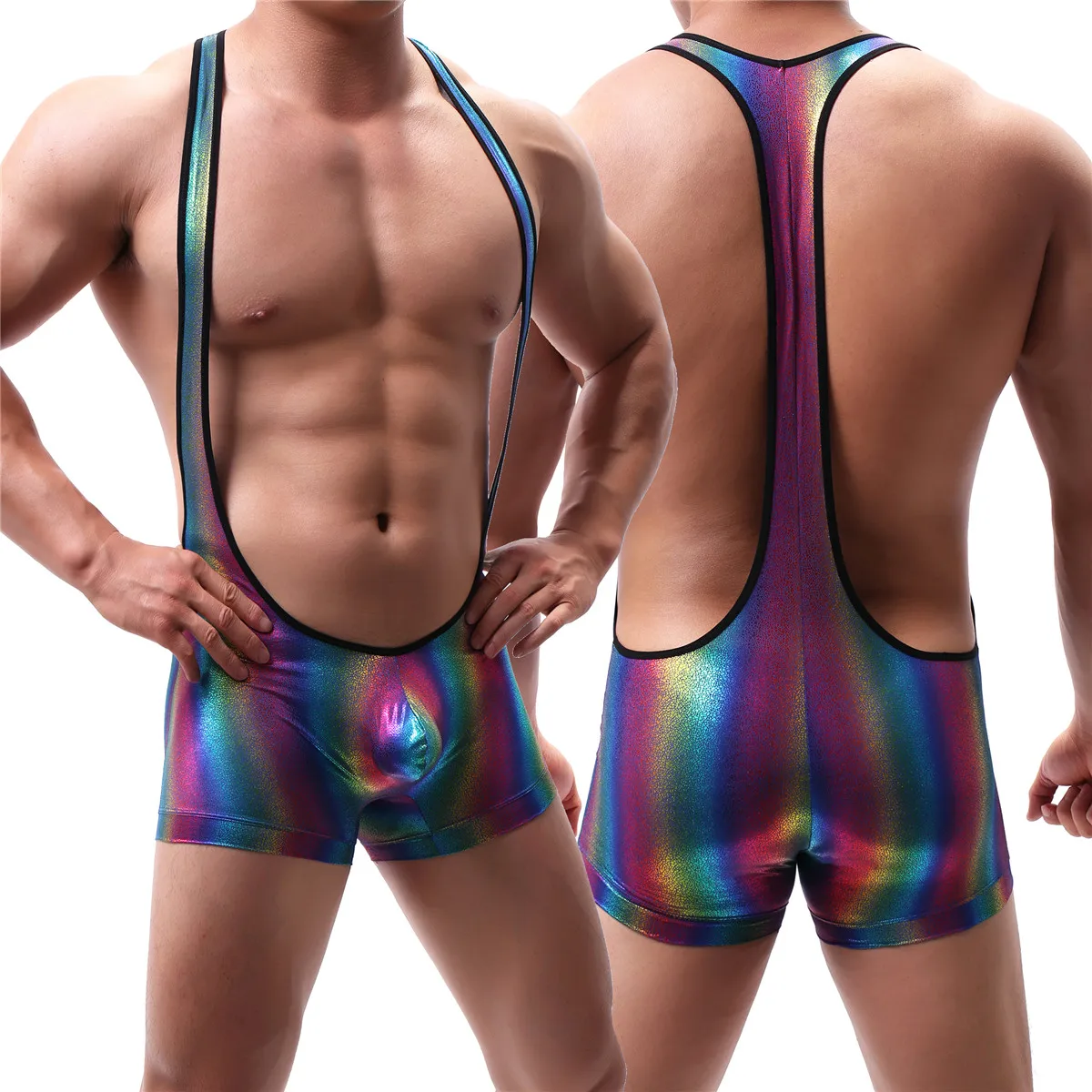 YUFEIDA Sexy Mens Faux Leather Undershirts Leotard Sport Bodysuit Jumpsuits Gay Rainbow Stripe Leather Wrestling Singlet Teddies