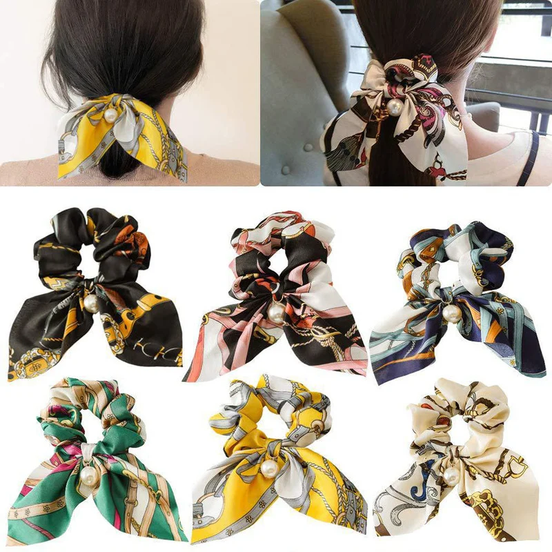 

Chiffon Bowknot Silk Hair Bands Scrunchies Women Pearl Ponytail Hair Tie Rope Rubber Bands Hair Accessories 2022