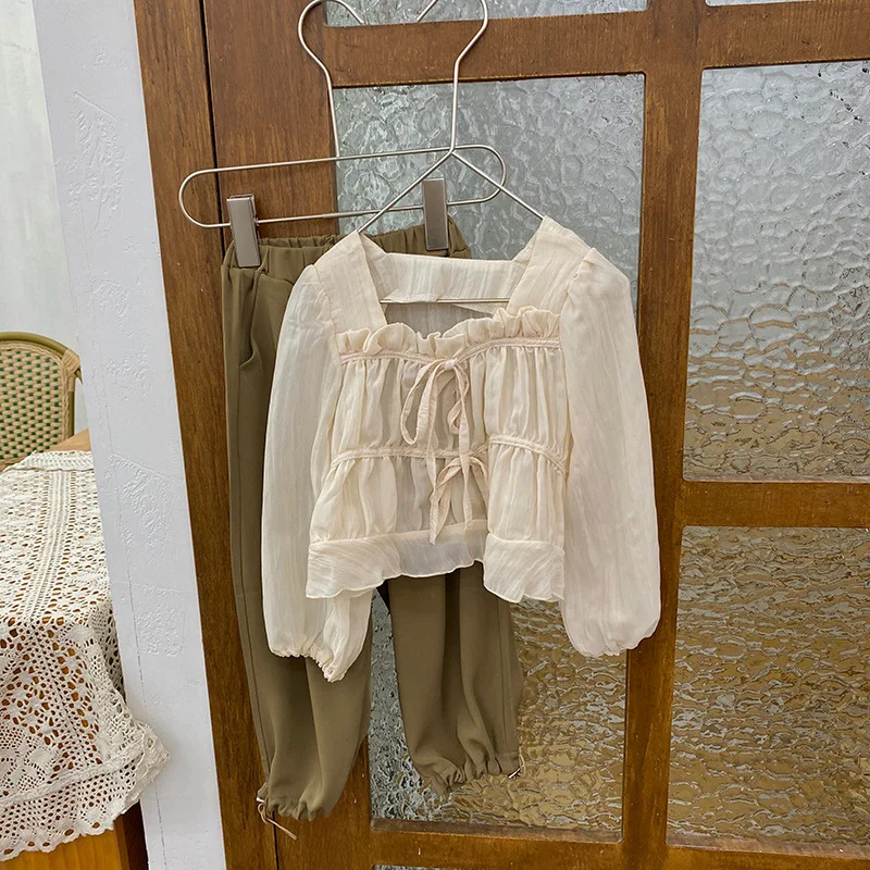 RiniLucia Toddler Kids Girls' Summer Clothes Outfit Sets Baby Pleated Tops Wide Leg Pants Suits for Girls Child Clothing Sets