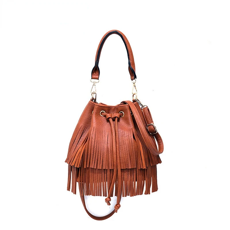 

Women handbag fashion tassels design bucket shoulder bags leather solid color totes handbag ladies luxury casual crossbody