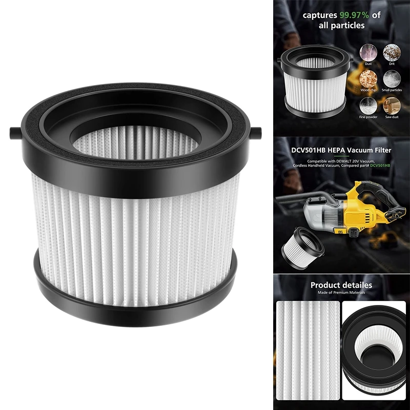 1Pcs HEPA Filter Replacement Filter For DEWALT DCV501HB 20V Cordless Handheld Vacuum, With Black Gasket, Part DCV5011H